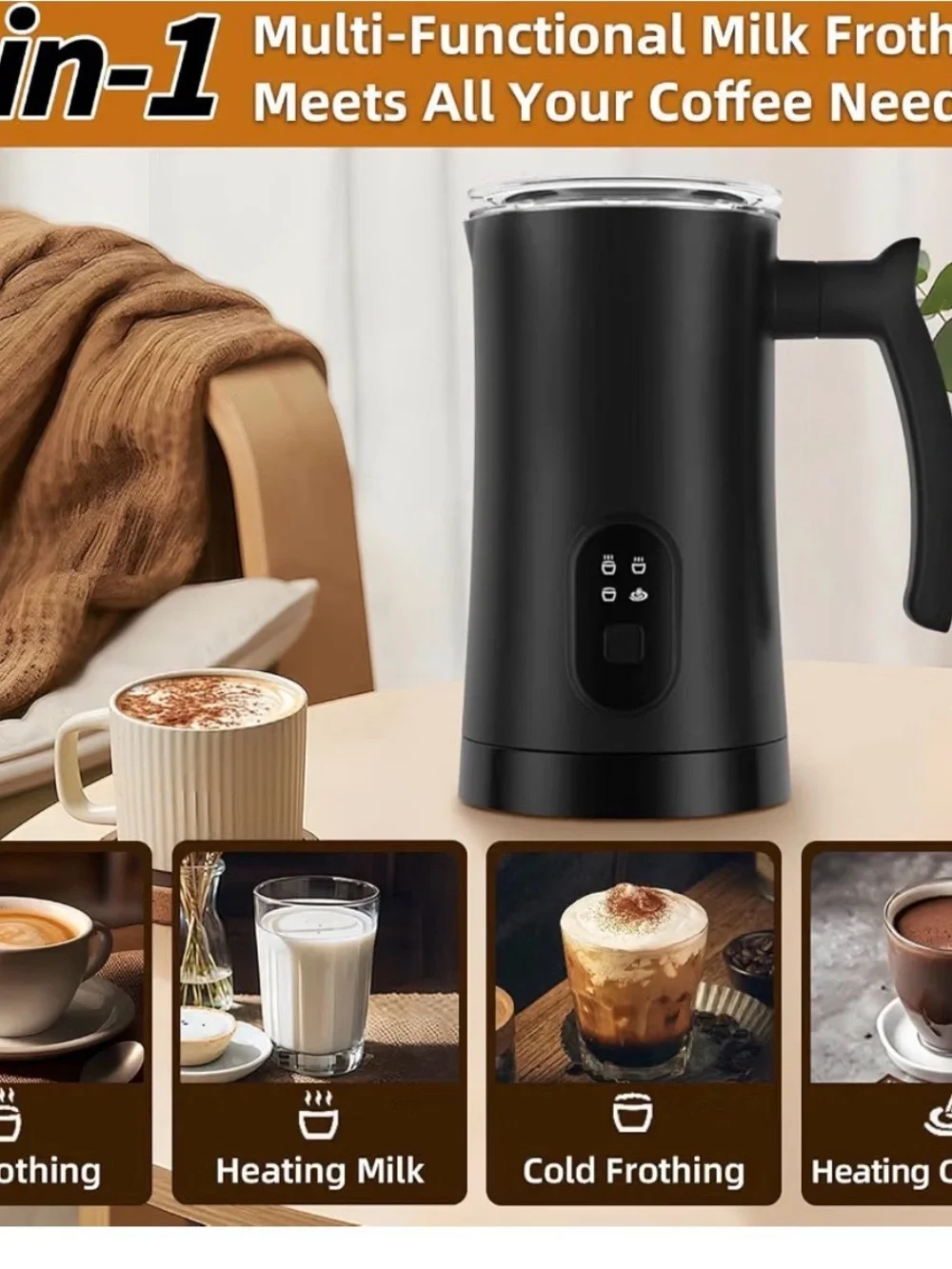 Black 4-in-1 Electric Milk Frother – Automatic Warm & Cold Foam Maker